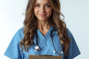 Female healthcare professional smiling confidently, wearing scrubs and a stetho, a Person Photo by ImageMir