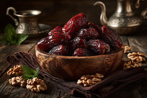 Delicious dates and walnuts on table, a Food & Drink Photo by shahsoft