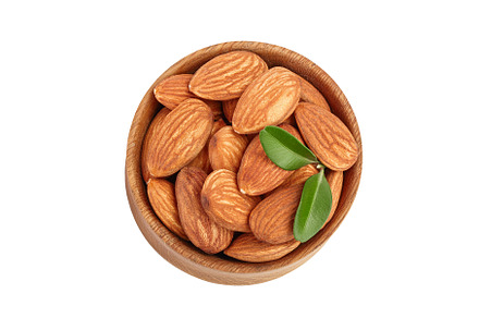 Almonds nuts with leaves in wooden, a Food & Drink Photo by NataPhoto