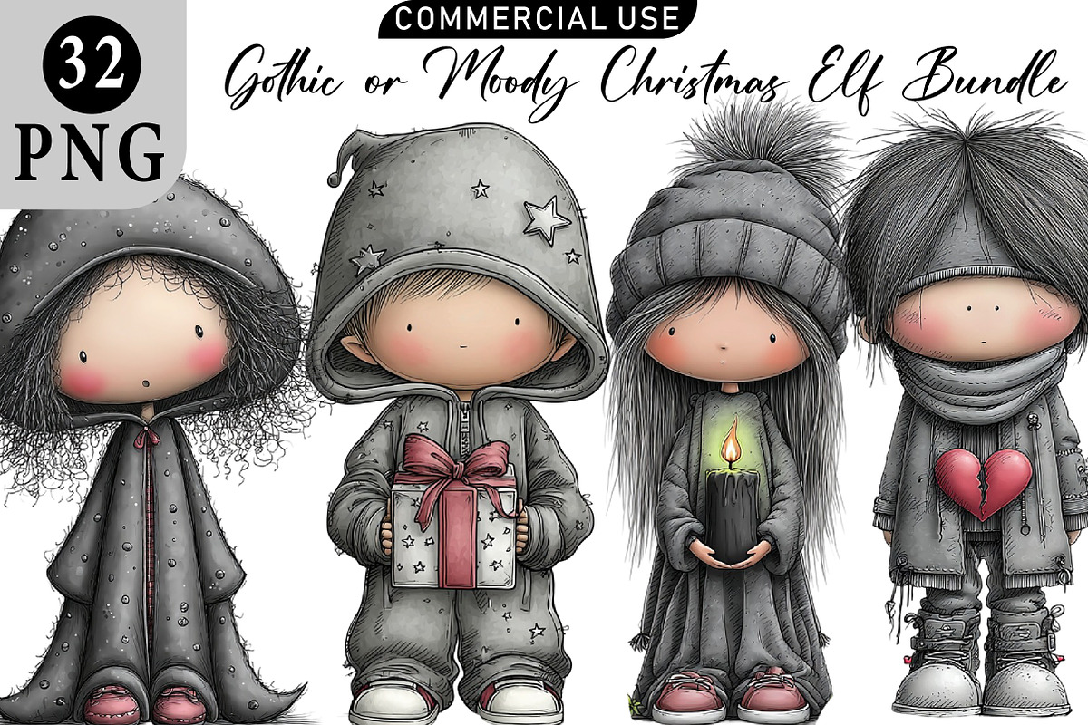 Gothic or Moody Christmas Elf Clipar, an Illustration by Daily.Designs (Photo 1 of 5)