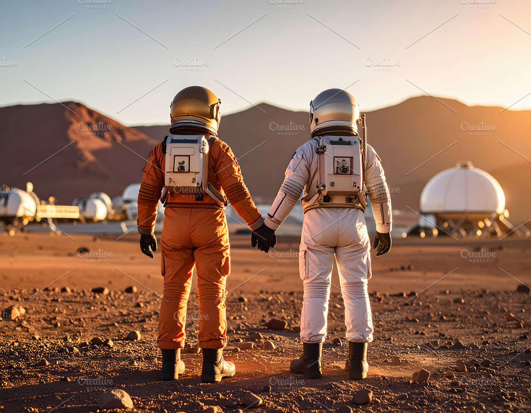 Astronaut couple holding hands at Martian colony sunrise, a Technology Photo by GoodGoods