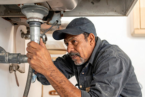 Man plumber fixing pipes under a sink., an Industrial Photo by DanFLCreativo