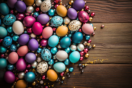 Colorful easter eggs on wooden background, a Holiday Photo by AlyaAnd