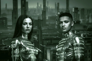 Futuristic couple of androids in front of futuristic cityscape b, a Technology Illustration by DanFLCreativo