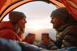 Couple enjoying warm drinks while camping at sunrise in a cozy tent on a mounta, a Photo by AlyaAnd