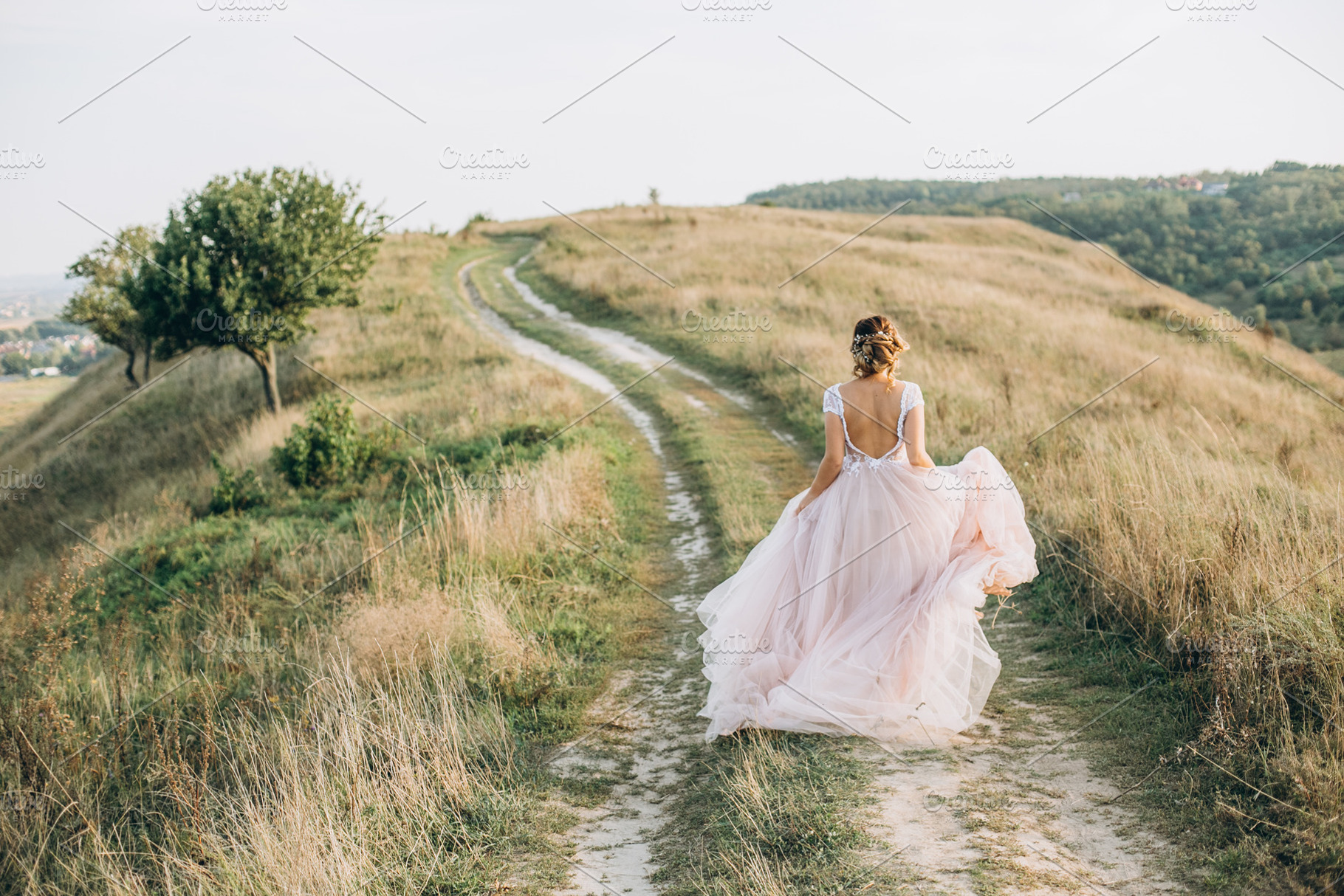bride runs across the field, a Person Photo by akovtun