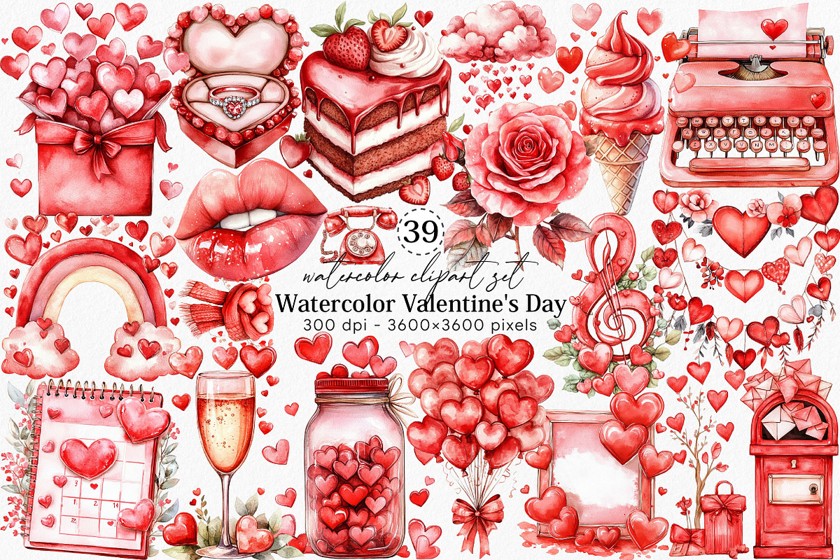 Watercolor Valentine's Day Clipart, an Illustration by Canvas Craft (Photo 1 of 6)