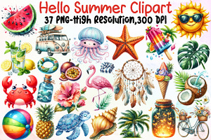 Watercolor Hello Summer Clipart, an Illustration by Sublimation Artist