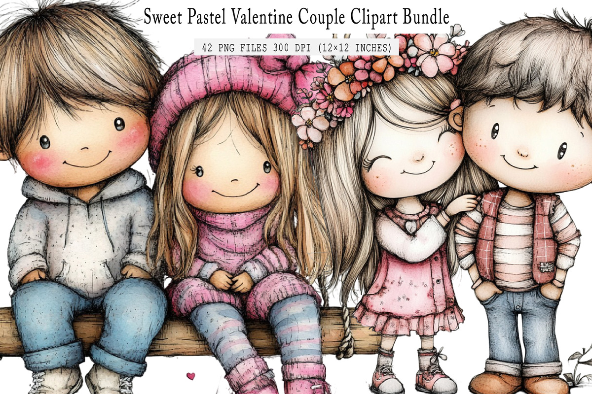 Sweet Pastel Valentine Couple Clipar, an Illustration by SinaCreation (Photo 1 of 6)