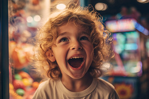 Joyful Child in Vibrant Arcade: Capturing the Pure Delight and Wonder of Childh, a Person Photo by Ocean Digital Art