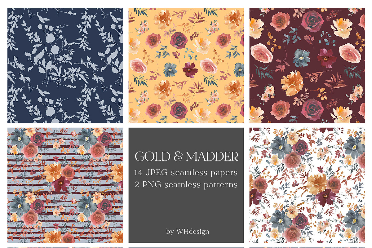 Gold & Madder Red Watercolor Flowers, an Illustration by whiteheartdesign (Photo 7 of 9)