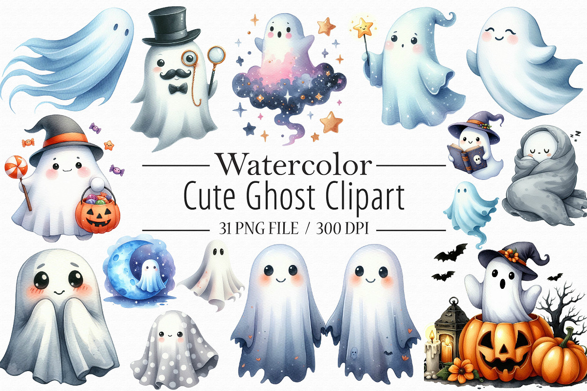 Watercolor Cute Ghost Clipart, an Illustration by Libby Wishes (Photo 1 of 6)
