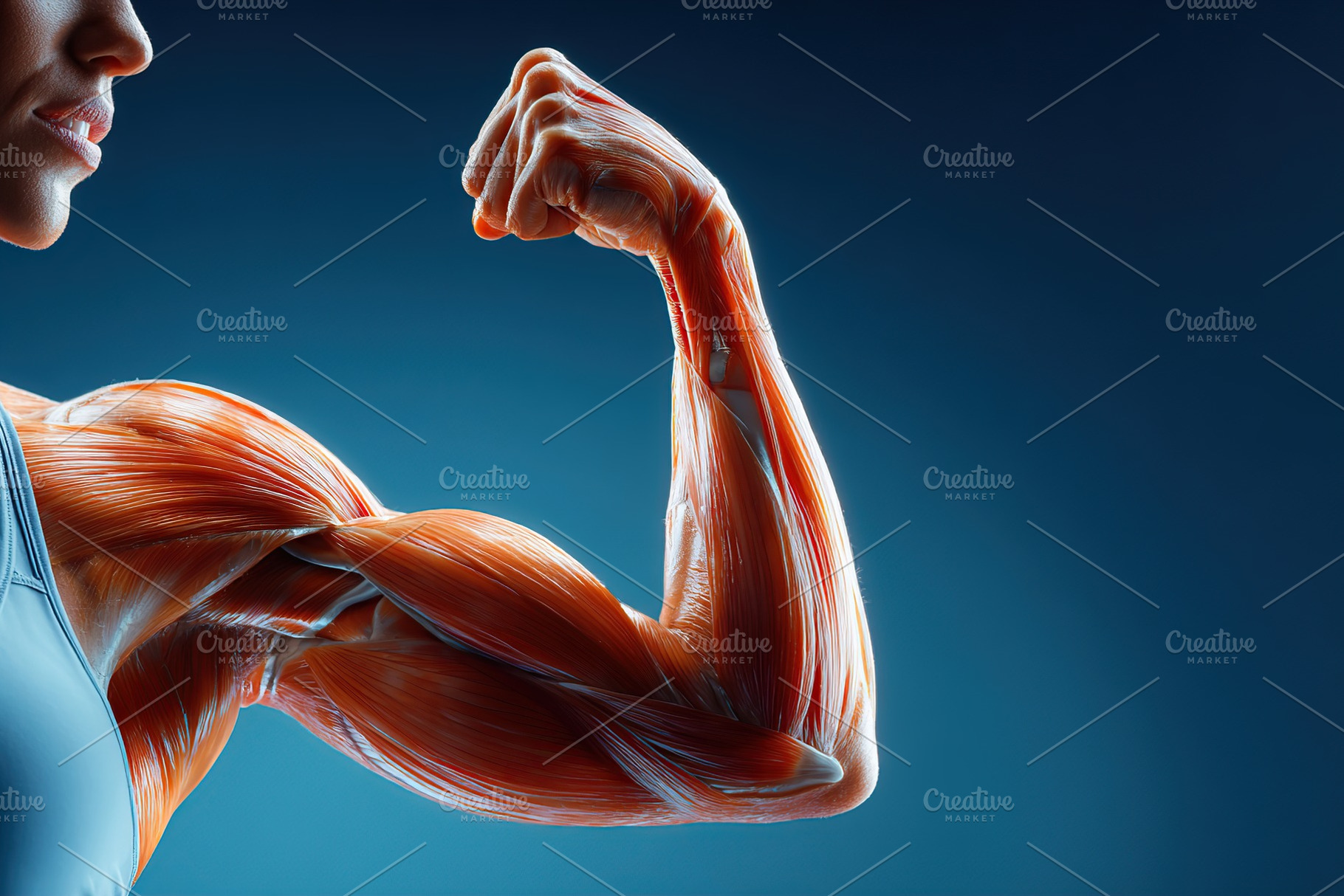 Detailed view of woman flexing strong arm muscles in dynamic pose against blue, a Sports & Recreation Photo by AlyaAnd