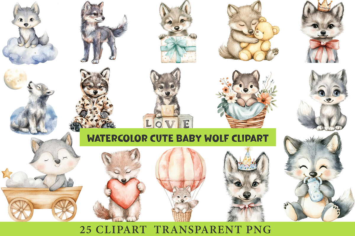 Watercolor Cute Baby Wolf Clipart, an Animal Illustration by cherrydesign (Photo 1 of 3)