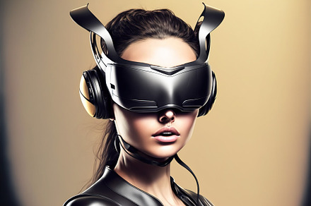 Sexy girl wearing VR glasses, futuri, a Photo by Lopatin Photo