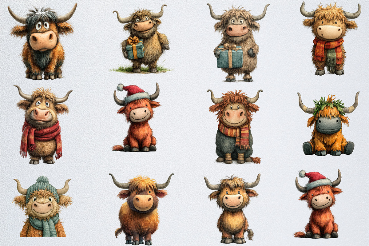 Highland Cow Christmas Clipart, an Illustration by Watercolor design (Photo 3 of 6)