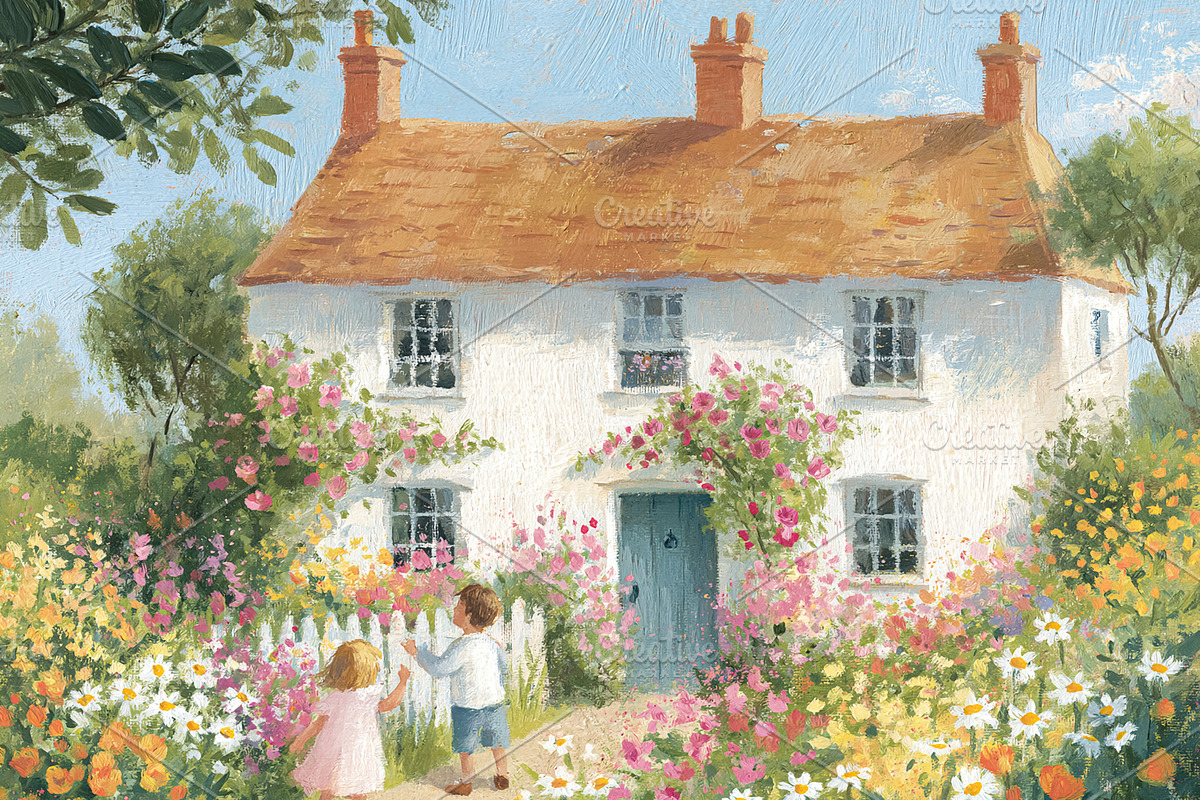 Children exploring a charming English cottage garden filled with, a Decorative Illustration by Studio ANNA
