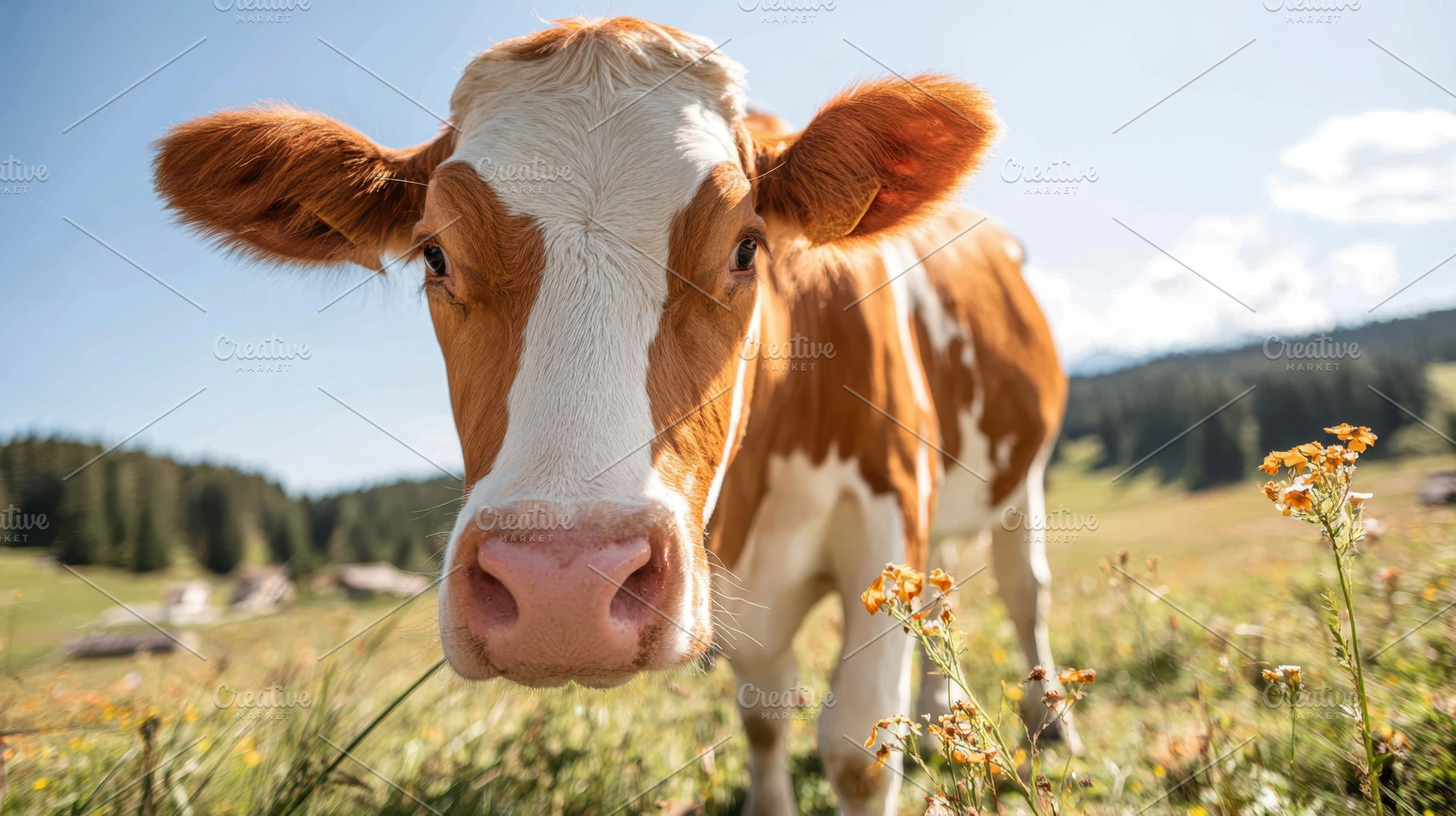 Close-up of a cow in a sunny meadow, an Animal Photo by AlyaAnd