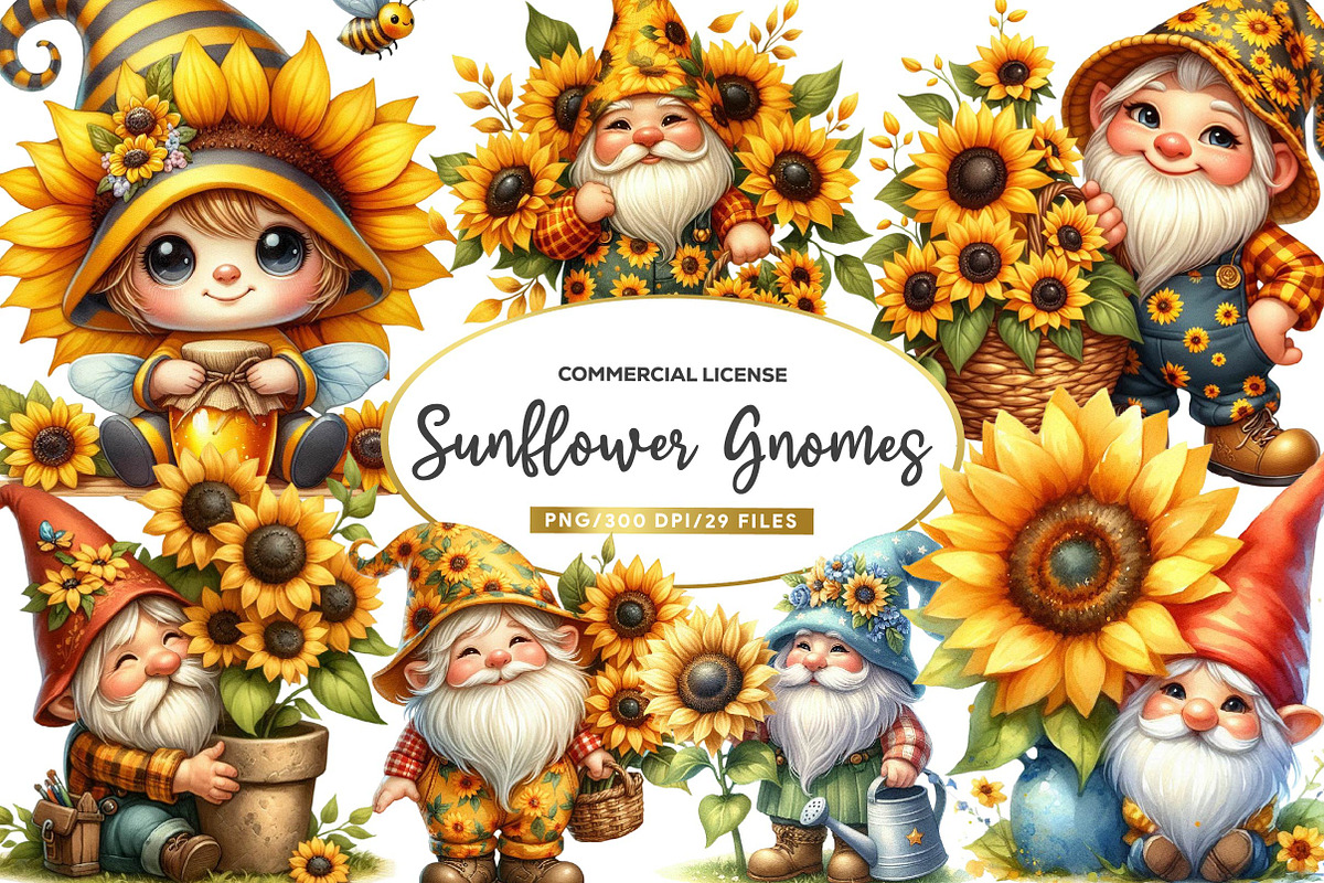 Watercolor Sunflower Gnomes Clipart, an Illustration by CreationArt (Photo 1 of 5)