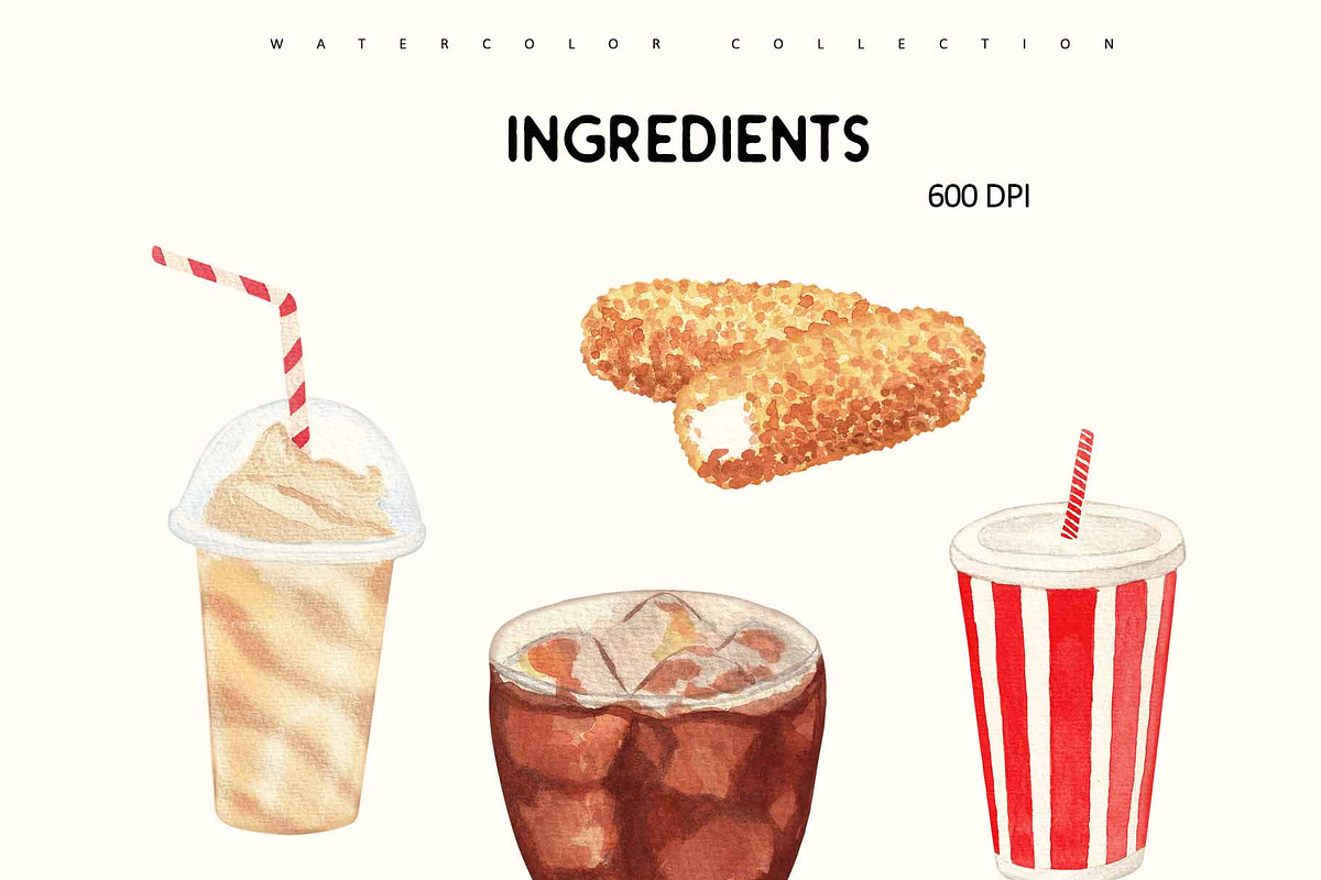 Fast Food Watercolor Clipart Set, a Food Illustration by Sunshine Art (Photo 4 of 9)
