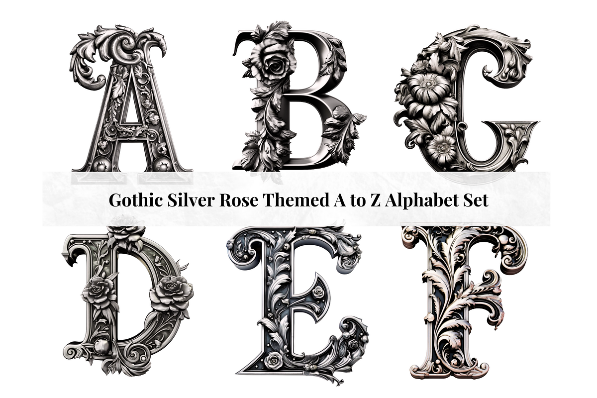 Gothic Silver Rose Alphabet Letters, a Decorative Illustration by Creative Art By SamM (Photo 1 of 10)