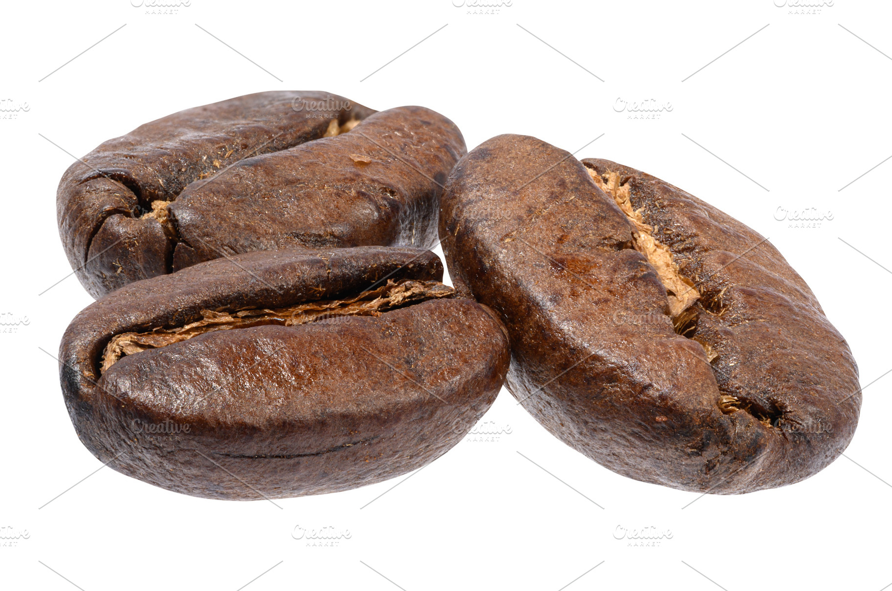 Whole roasted coffee beans lie in a group on an isolated backgro, a Food & Drink Photo by ndanko