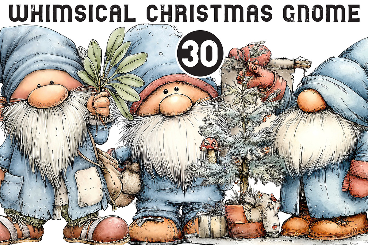 Whimsical Christmas Gnome Clipart, an Illustration by Black Bird Studio (Photo 1 of 6)