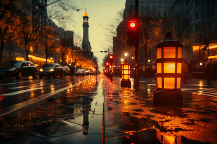 Rainy Evening Cityscape With Glowing Street lamps and Reflective Wet Roads, a Photo by AS photostudio