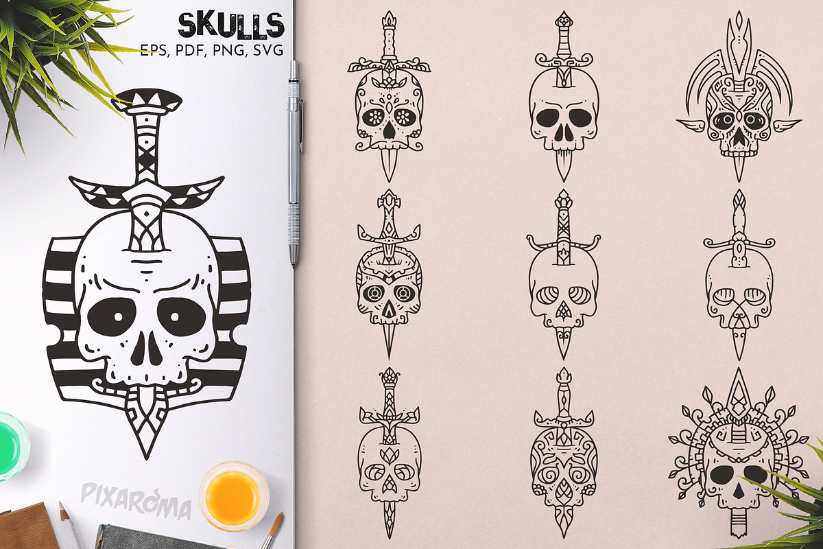 100 Decorative Vector Skulls, a Decorative Illustration by pixaroma (Photo 24 of 37)