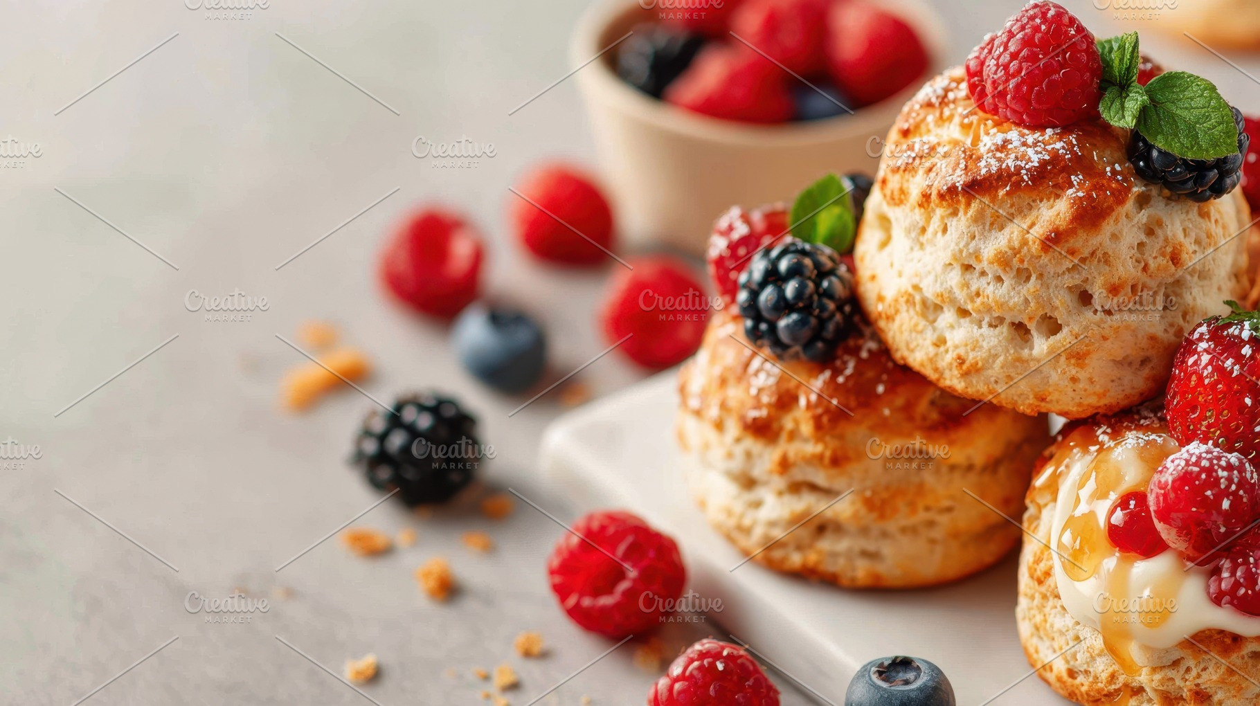 Freshly baked scones with berries and cream, a Food & Drink Photo by AlyaAnd