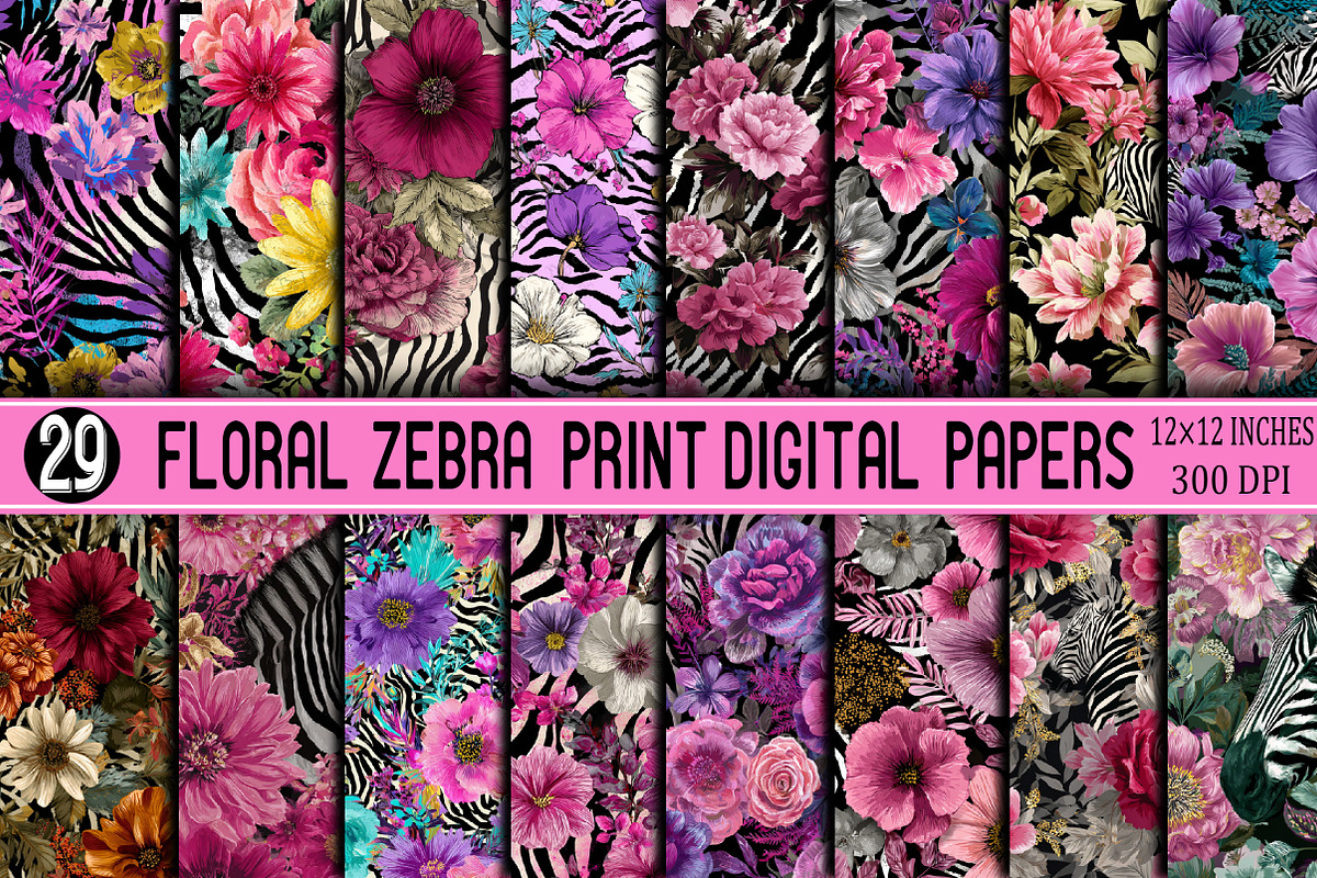Floral Zebra Print Digital Papers, a Pattern Graphic by SVGArt (Photo 1 of 9)