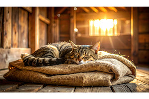 Tabby cat sleeps peacefully on thick, an Animal Photo by Igor Tichonow