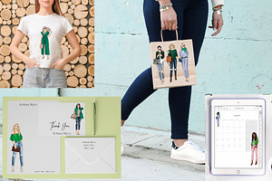 Girls In Green 3 Fashion Clipart Set