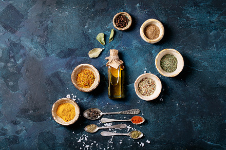 Variety of spices containing above, assorted, and background