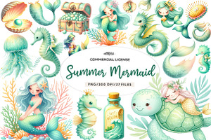 Summer Mermaid Watercolor Clipart, an Illustration by CreationArt
