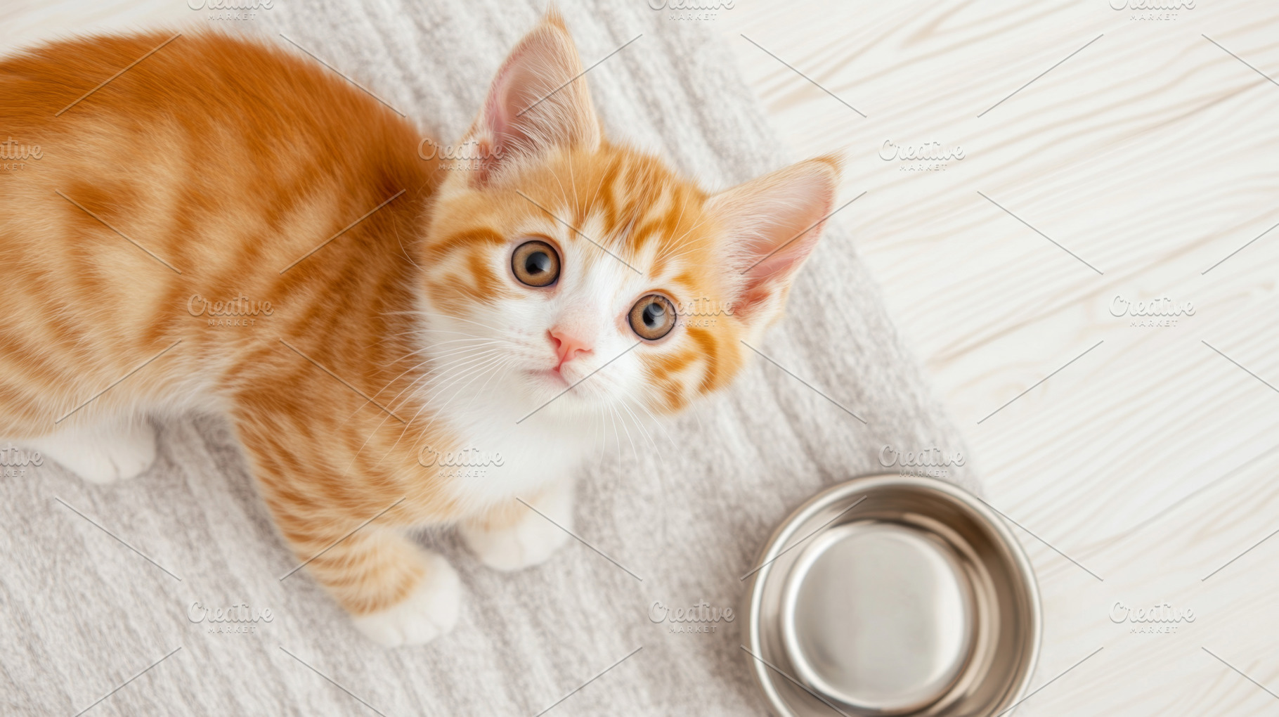 Kitten sitting near an empty bowl on, a Photo by Dvoevnore photos
