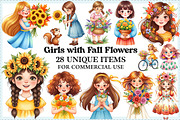 Girls with Fall Flowers Clipart, an Illustration by Craft Nest (Thumbnail 1 of 6)