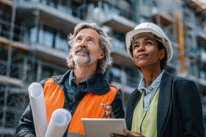 Architects reviewing blueprints at c, a Photo by Pixeness Studio