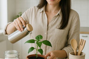 Woman watering potted plant in kitch, a Photo by Dvoevnore photos