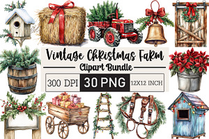 Vintage Christmas Farm Clipart, an Illustration by Black Bird Studio