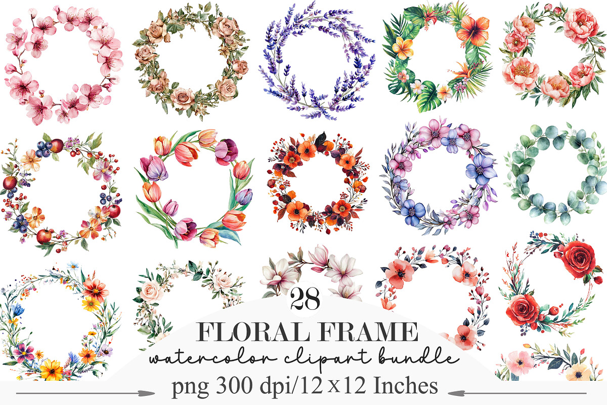 Watercolor Floral Frame Clipart, an Illustration by Designking (Photo 1 of 5)