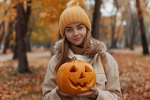 Young woman holds halloween pumpkin jack o lantern in autumn park, a Photo by AlyaAnd