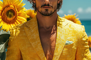 Stylish man with tousled hair and beard in yellow blazer posing, a Person Photo by José Manuel Gelpi