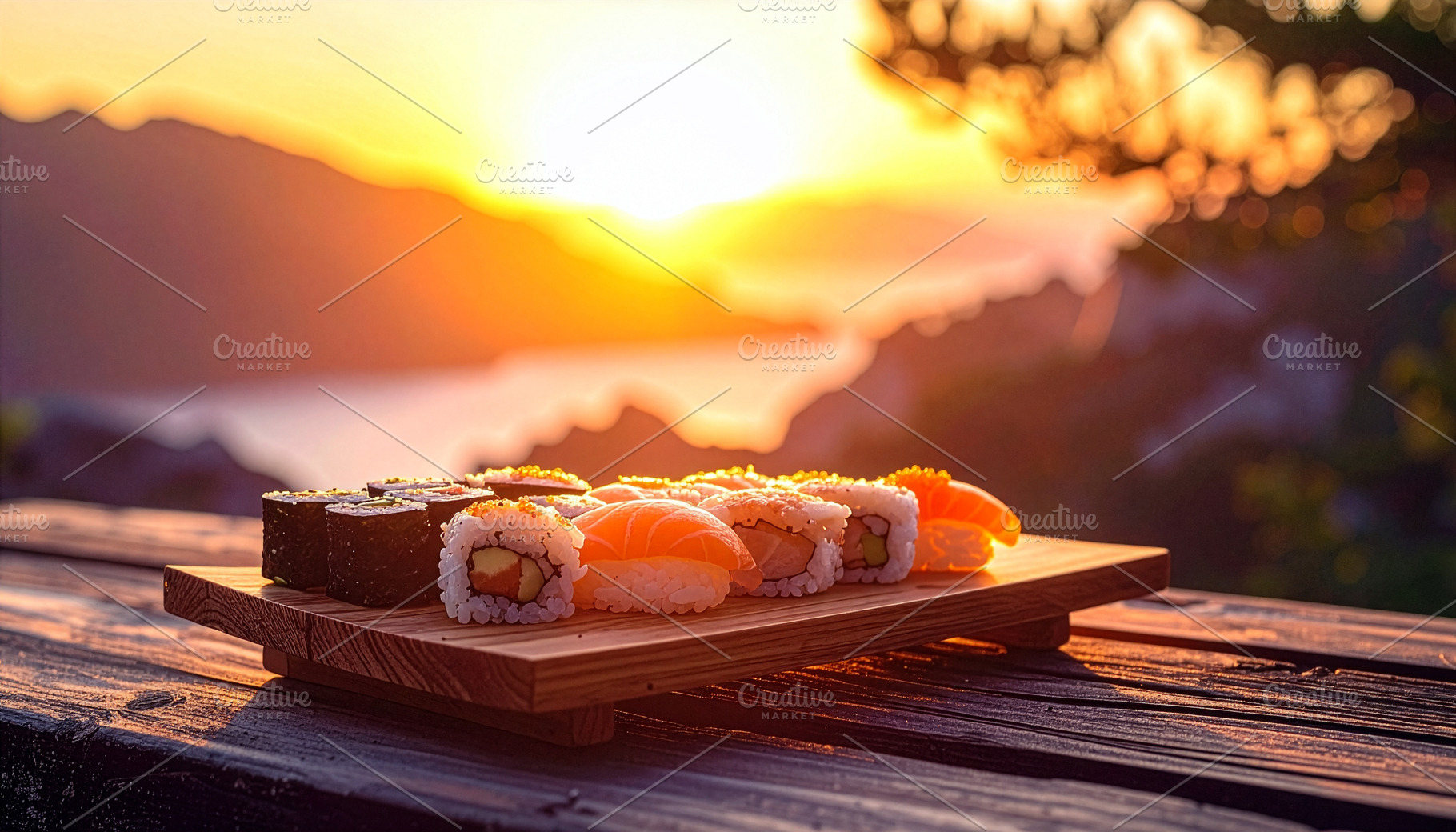 A vibrant sushi board, artfully arranged with fresh flavors., a Food & Drink Photo by DutchDigitalDesign