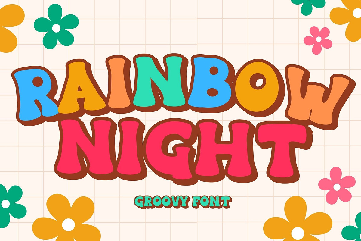 Rainbow Night is a retro groovy font, a Handwritten Font by Brown Cupple (Photo 1 of 6)