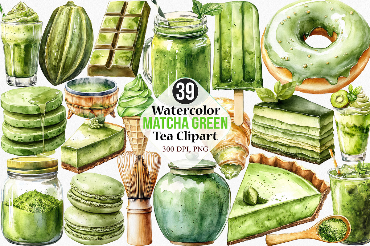 Watercolor Matcha Green Tea Clipart, an Illustration by Canvas Craft (Photo 1 of 7)