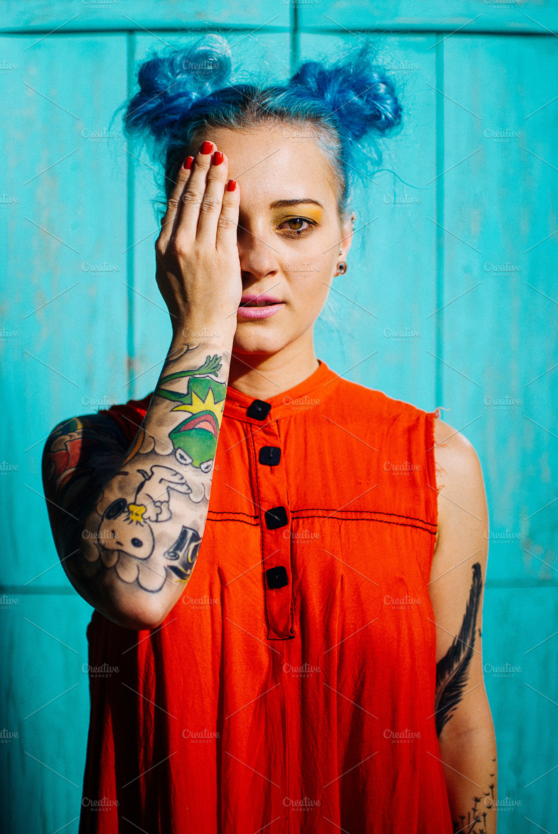 Konichiwa tattoed blue hair girl containing stylish, girl, and punk, a Person Photo by André Bernardo