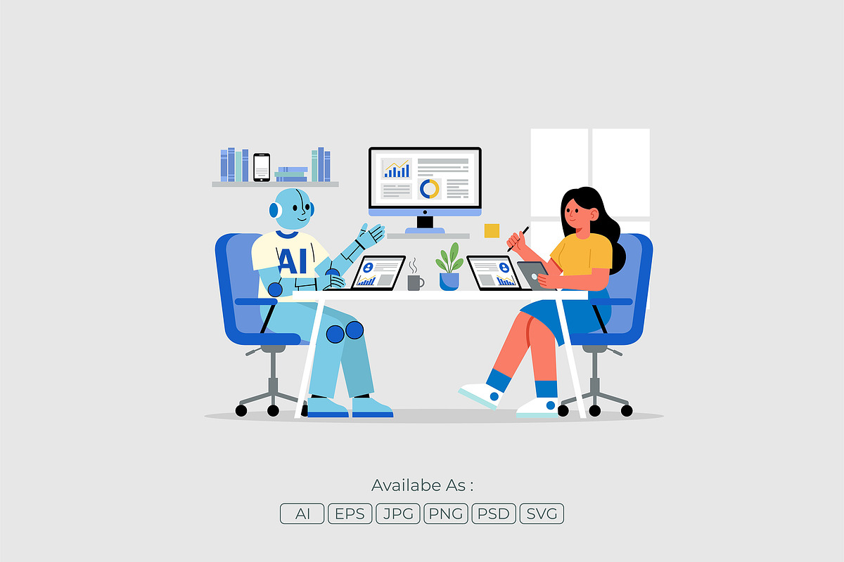 Woman and AI Working Together, a Technology Illustration by Partikusi Design (Photo 2 of 3)