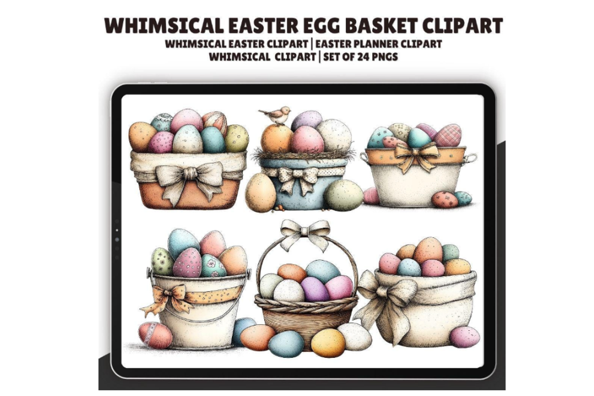 Whimsical Easter Egg Basket Clipart, an Illustration by CraftCrateShop (Photo 1 of 6)