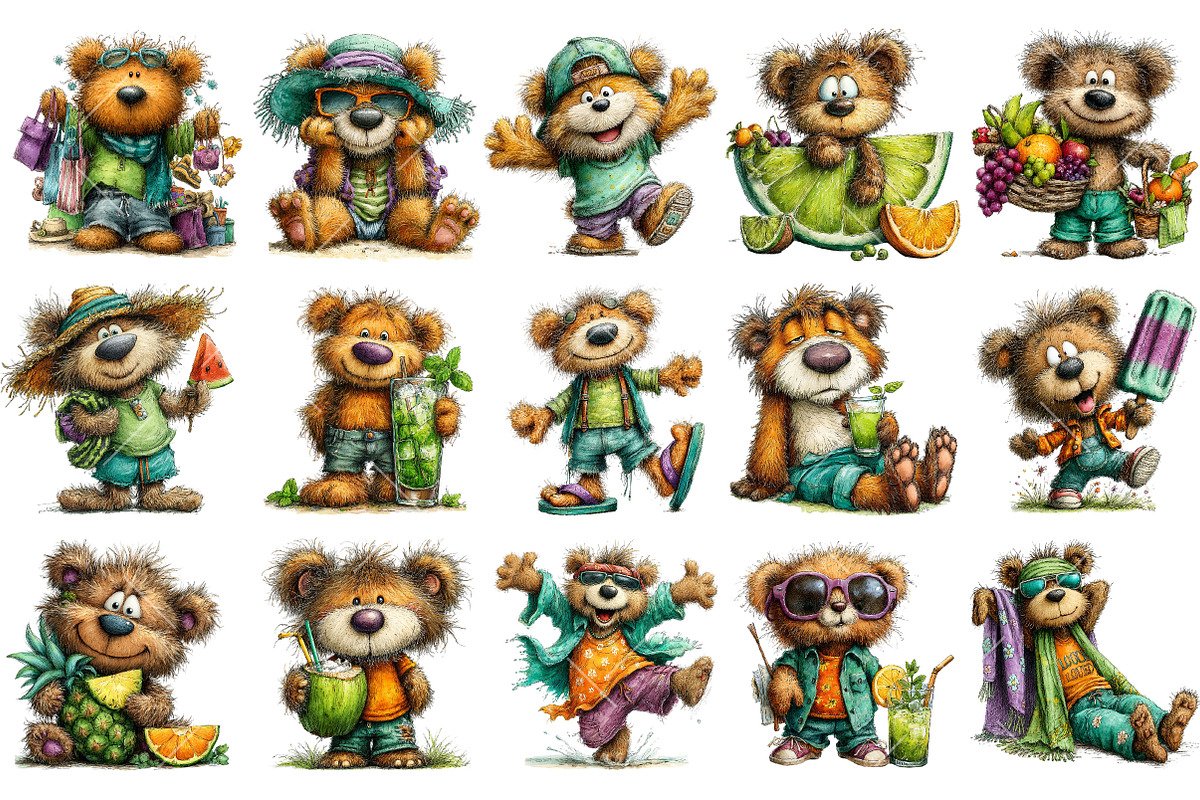 Summer Funny Teddy Bear Clipart, an Illustration by OK Design (Photo 3 of 6)